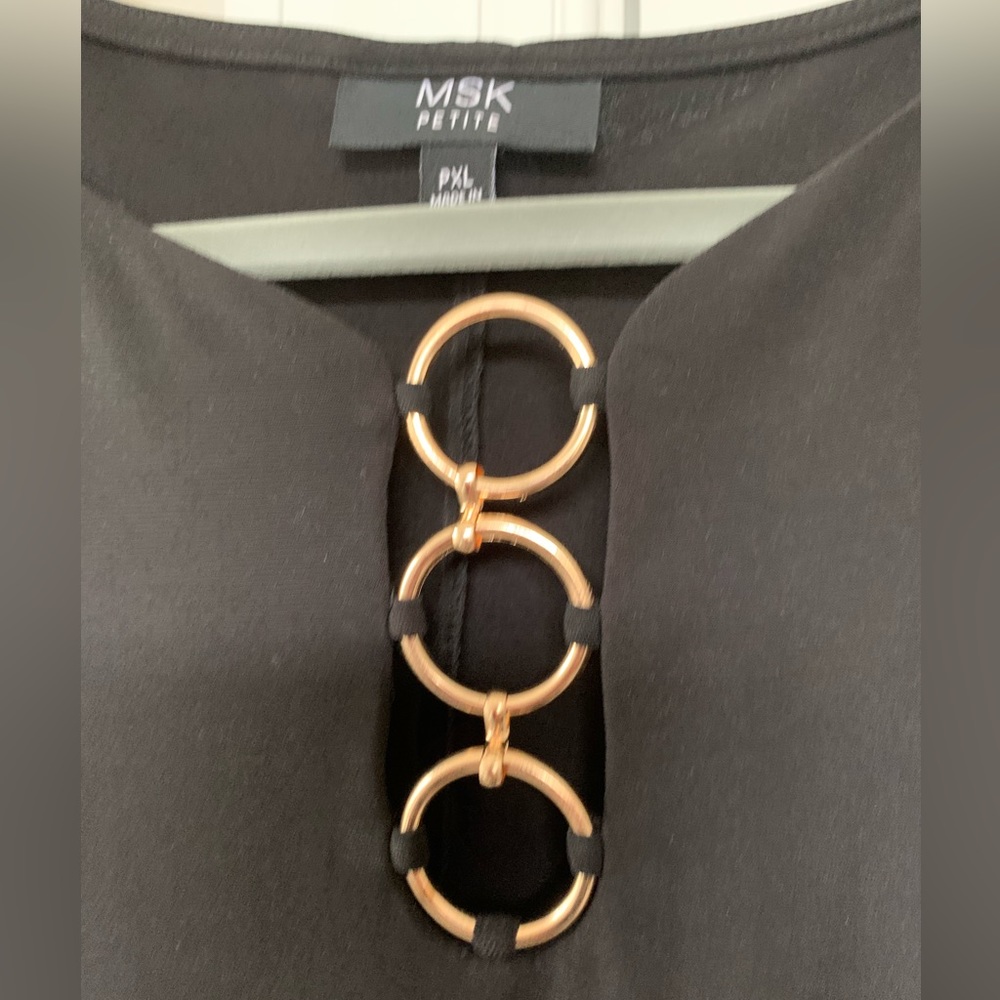 MSK SLEEVELESS LITTLE BLACK DRESS, SIZE PXL WITH GOLD RINGS DOWN NECKLINE